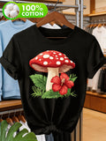 Women'S T-Shirt - Cute Red Mushroom And Hibiscus Flower Print Casual Tee
