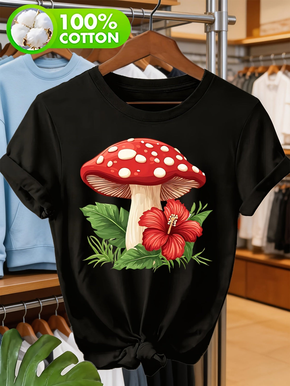 Women'S T-Shirt - Cute Red Mushroom And Hibiscus Flower Print Casual Tee