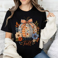 Hello Fall Floral Pumpkin Bow Print T-Shirt, Autumn Harvest Thanksgiving Festival Top, Casual Daily Wear Seasonal Outfit