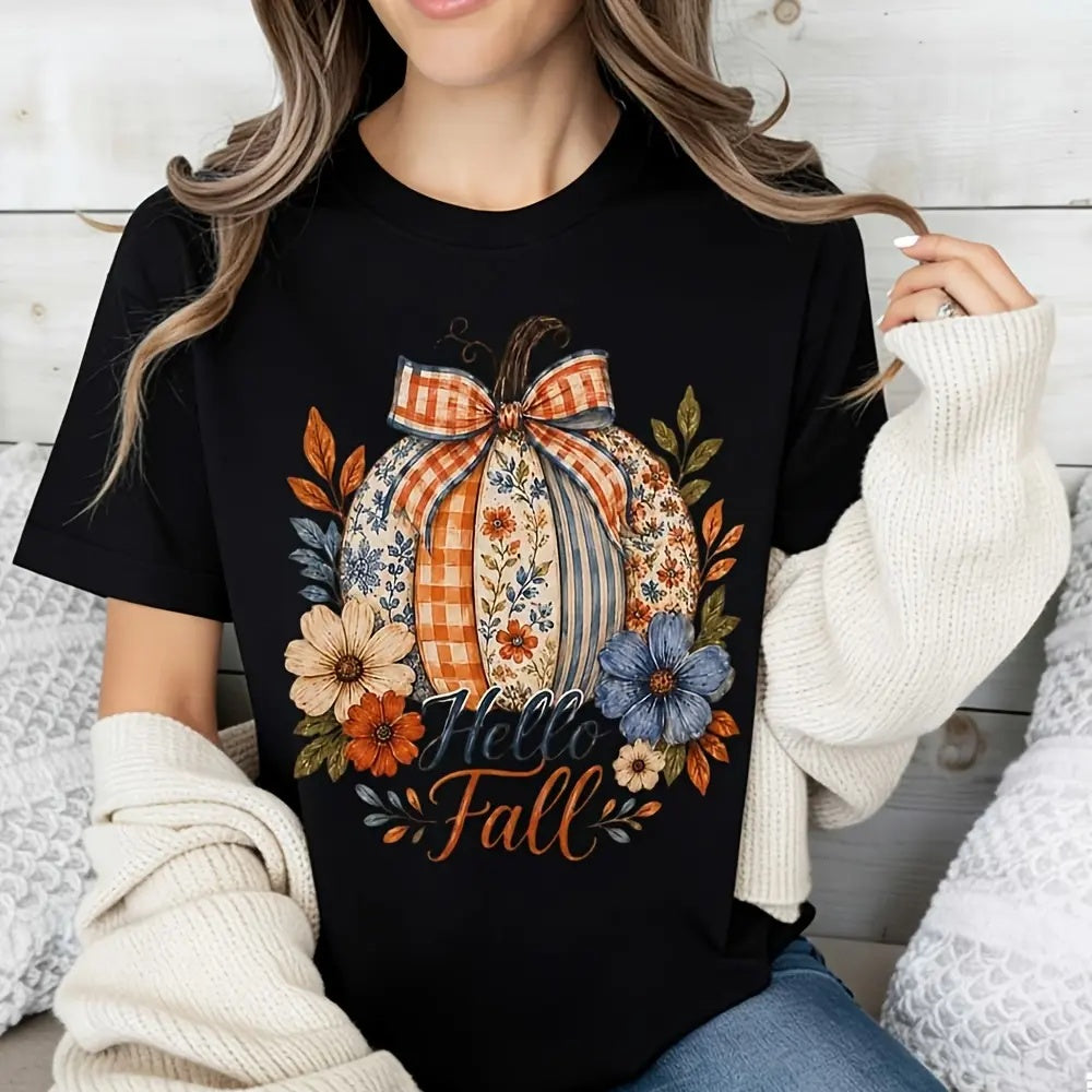 Hello Fall Floral Pumpkin Bow Print T-Shirt, Autumn Harvest Thanksgiving Festival Top, Casual Daily Wear Seasonal Outfit