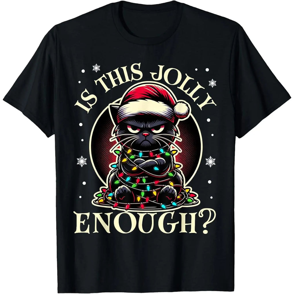 Men's Funny Grumpy Black Cat Christmas Graphic Crew‑Neck T‑Shirt,Crew Neck Classic Cotton Casual Xmas Top for Women Men