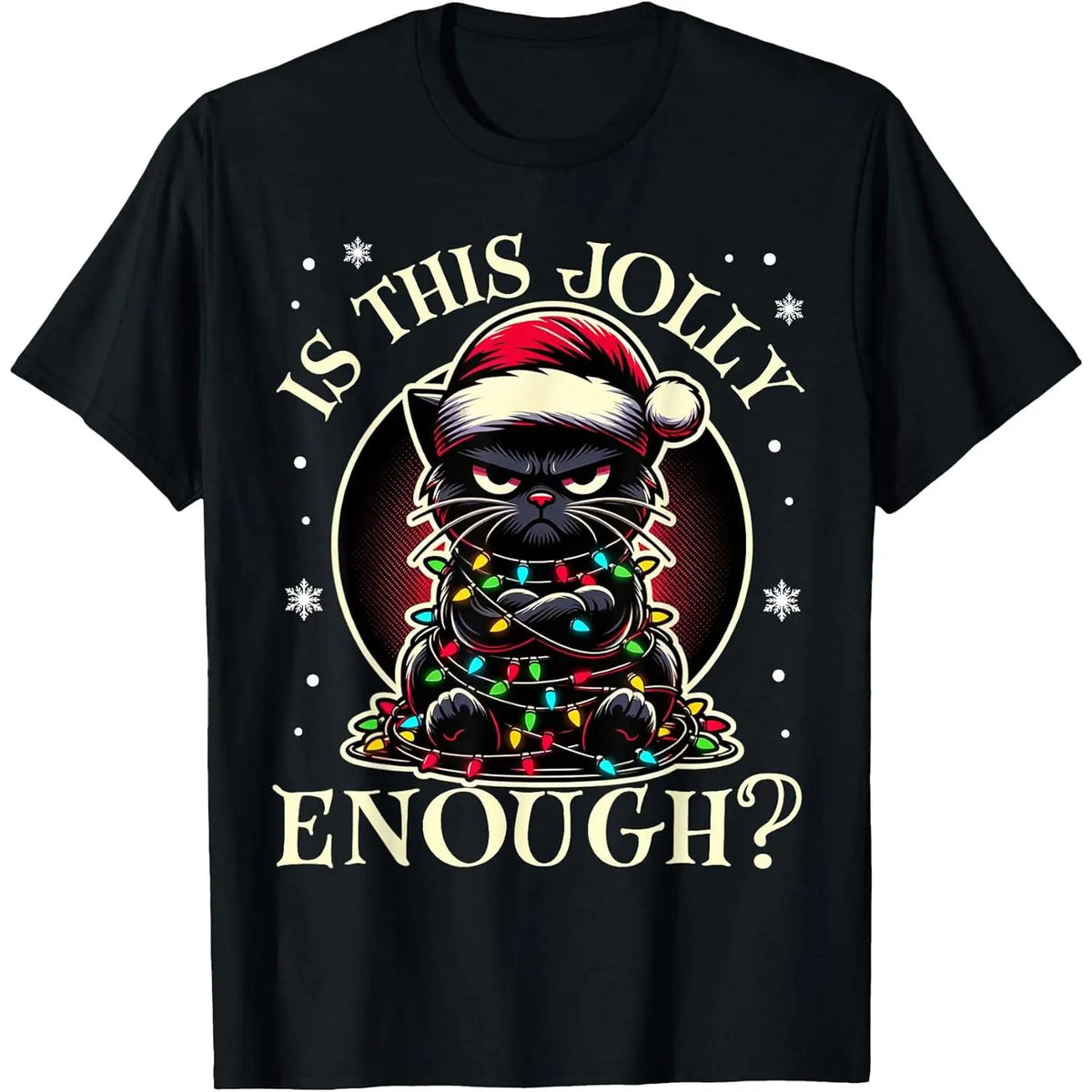 Men's Funny Grumpy Black Cat Christmas Graphic Crew‑Neck T‑Shirt,Crew Neck Classic Cotton Casual Xmas Top for Women Men