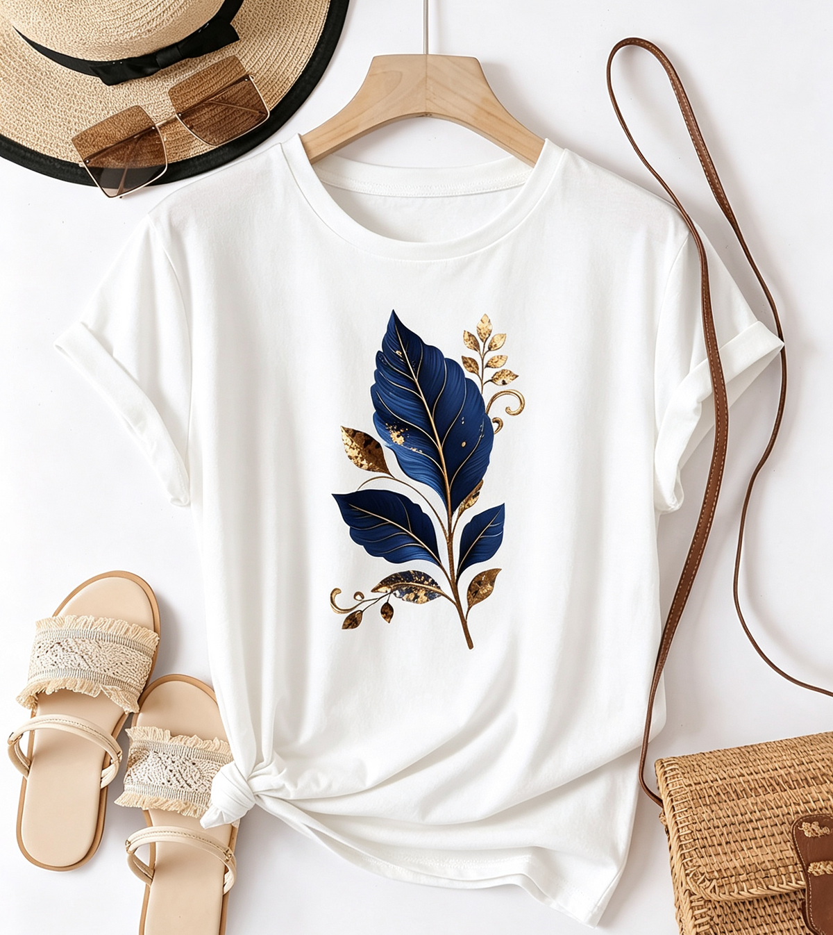 Vintage Botanical Leaf Graphic T‑Shirt, Fashionable Soft Stretchy Casual Short‑Sleeve Top For Women
