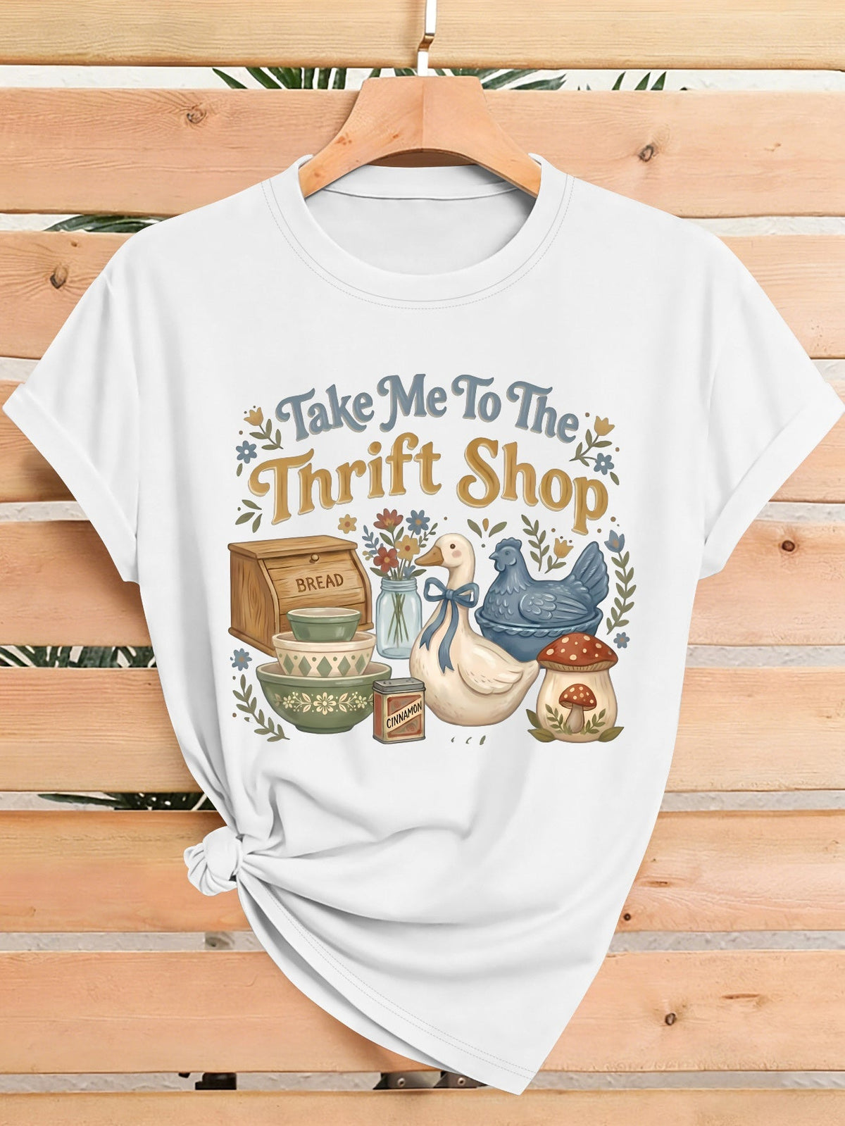 Women's Take Me To The Thrift Shop Graphic T-Shirt, Vintage Duck Chicken Mushroom Print Tee, Cottagecore Farmhouse Casual Top