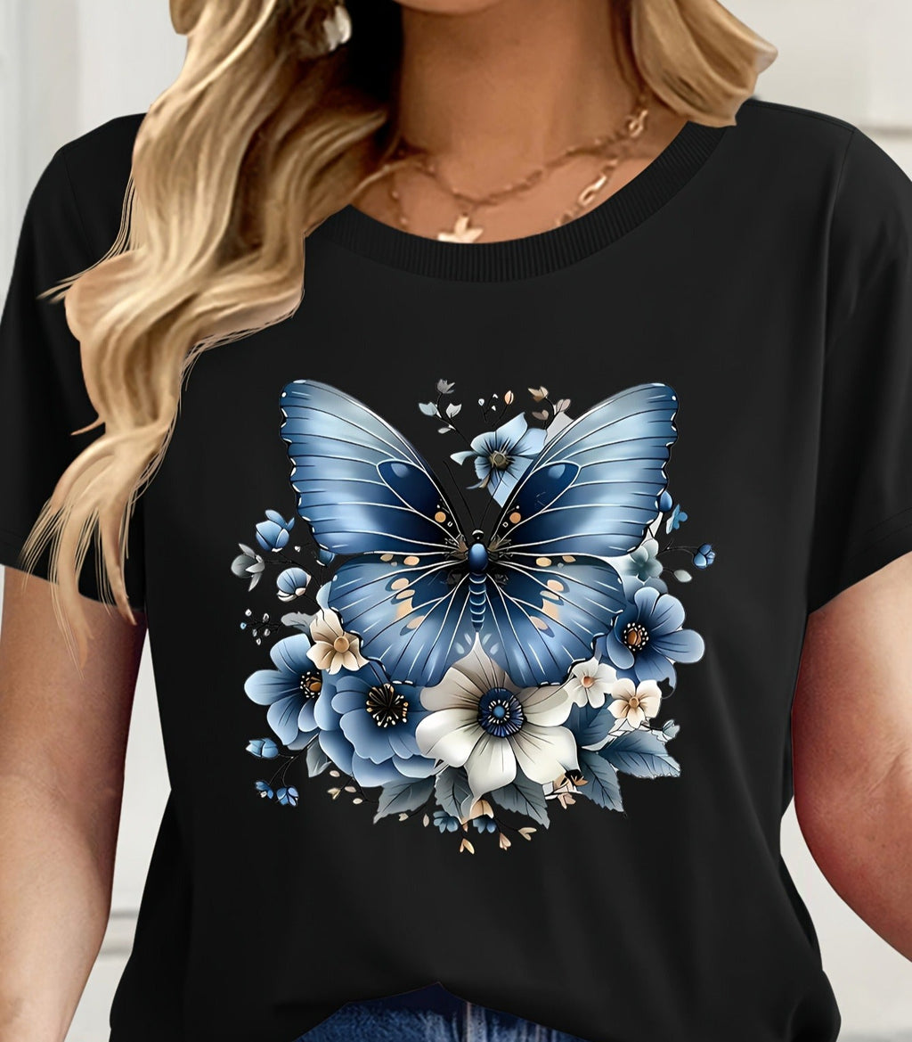 Women’s Floral Butterfly Graphic T‑Shirt, Women Short‑Sleeve Round Neck Summer Casual Tee，Women Clothing