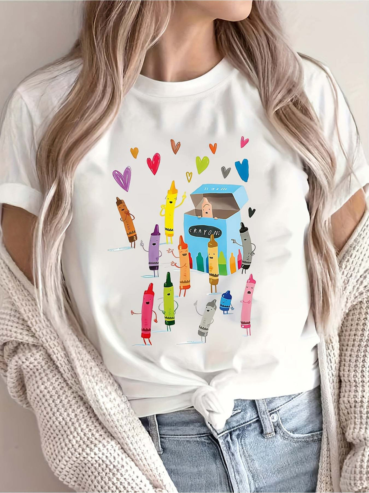 Cartoon Crayon Box Heart Print Casual Short Sleeve T-Shirt Colorful Graphic Tee Comfy Chic Apparel All-Season Fashion