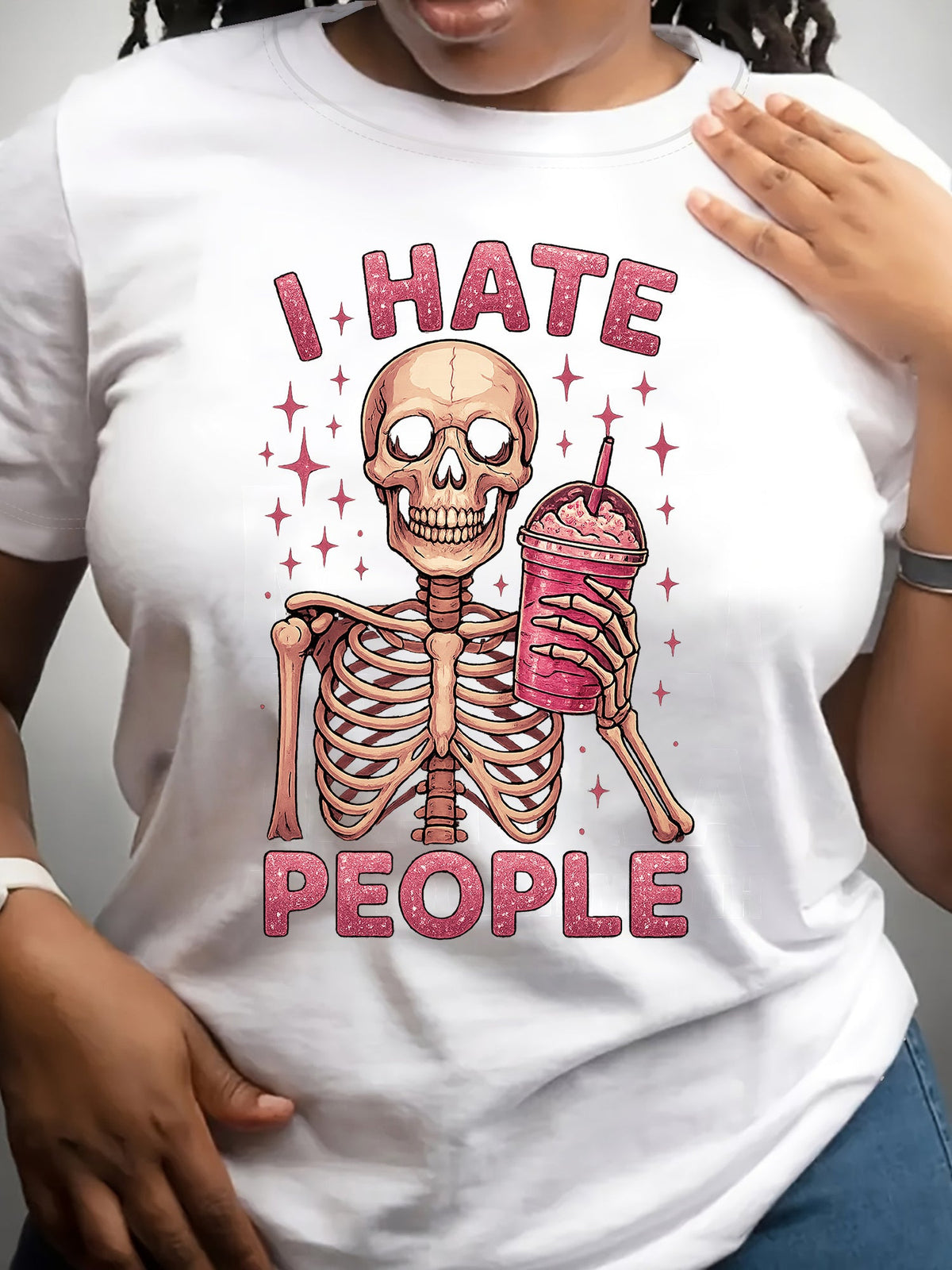 Women's short-sleeve T-shirt with pink skull theme, summer women's wear, graphic print crew-neck tee.