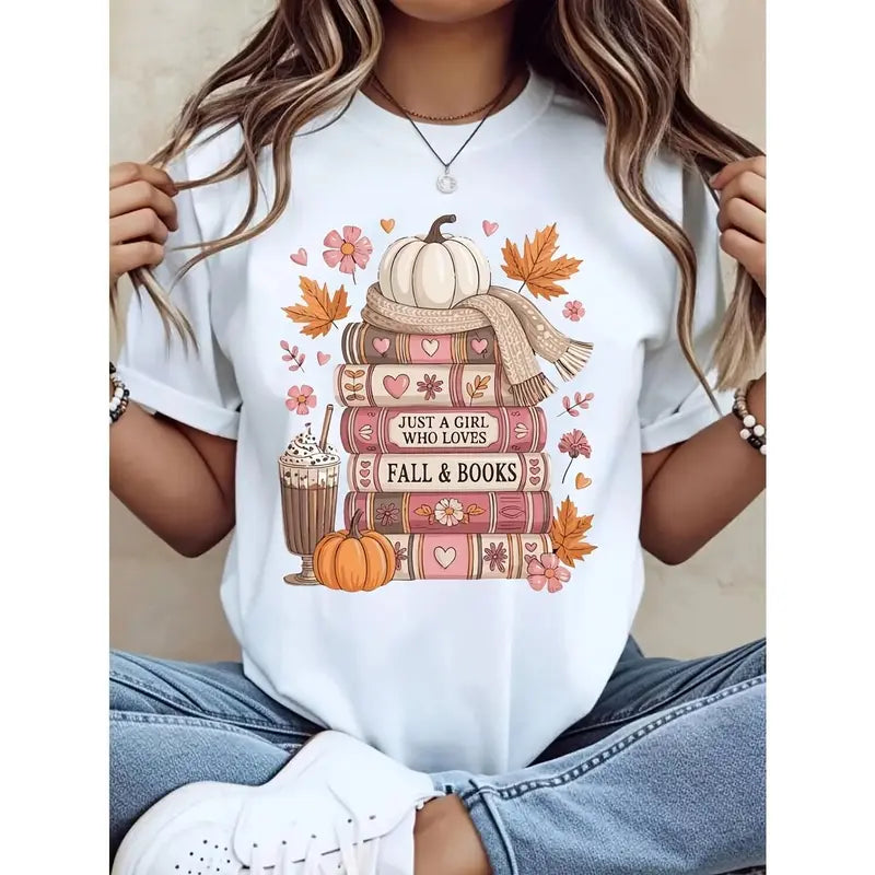 Women's Short-Sleeve Essential Tops - Casual Autumn Tee, For Fall Book Lovers, Comfortable Fabric Fall Reading Gift, Shortsleeve, Breathable