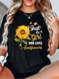 Just A Girl Who Loves Sunflowers T‑Shirt for Women, Sunflower Butterfly Graphic Short‑Sleeve Casual Daily Tops