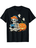 Skeleton Gaming Halloween Gamer Graphic Tee for Men Women, Funny Skull Video Game Short Sleeve T-Shirt, Casual Crew Neck Top for Gamer Gift