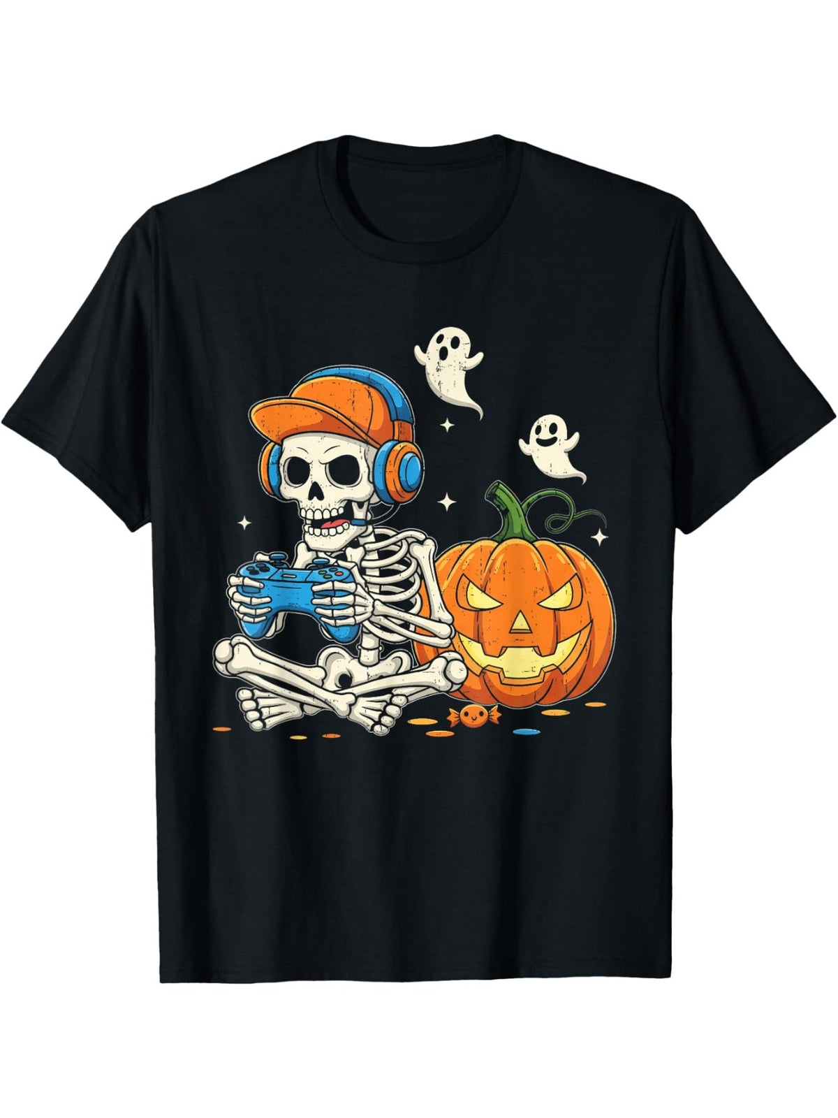 Skeleton Gaming Halloween Gamer Graphic Tee for Men Women, Funny Skull Video Game Short Sleeve T-Shirt, Casual Crew Neck Top for Gamer Gift
