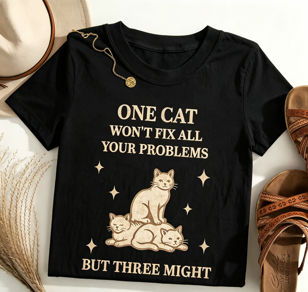 Funny Three Cats Graphic T‑Shirt, “One Cat Won’t Fix All Your Problems But Three Might” Retro Short‑Sleeve Tee, Humorous Casual Top for Cat Lovers
