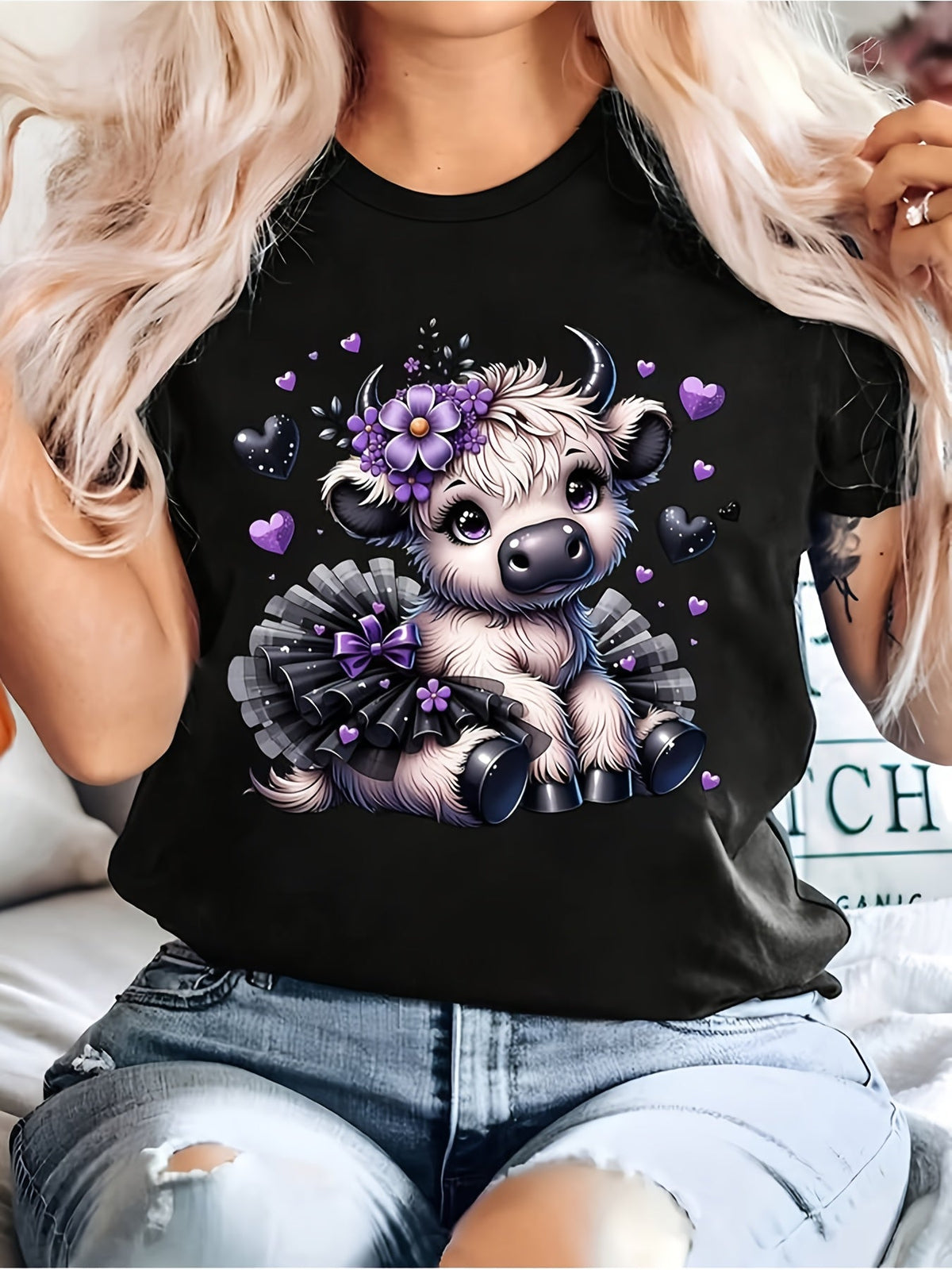 Highland Cow Lover T-Shirt Cute Cow With Purple Bow Flowers And Heart Print Short Sleeve Round Neck Shirt