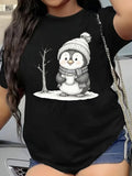 Cute Cartoon Penguin With Pom‑pom Beanie Scarf Hot Beverage Snow Ground Winter Short Sleeve T‑Shirt Top