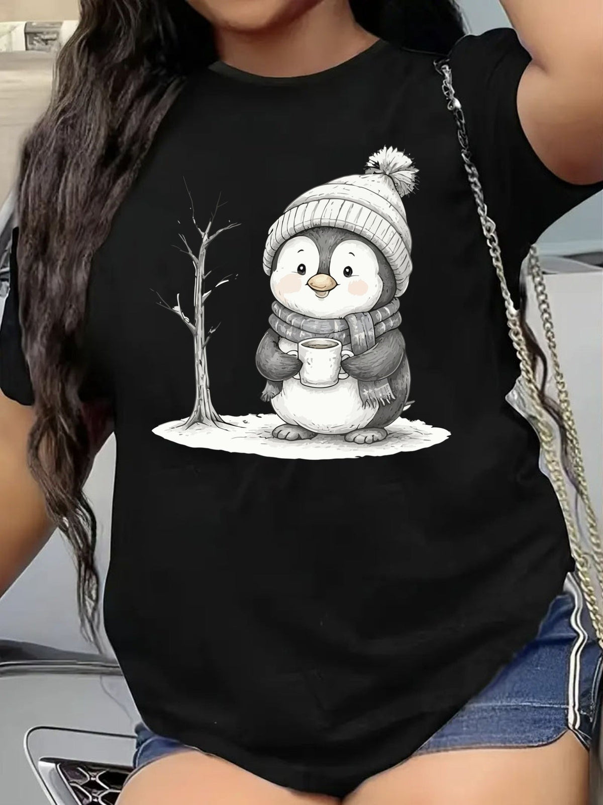 Cute Cartoon Penguin With Pom‑pom Beanie Scarf Hot Beverage Snow Ground Winter Short Sleeve T‑Shirt Top