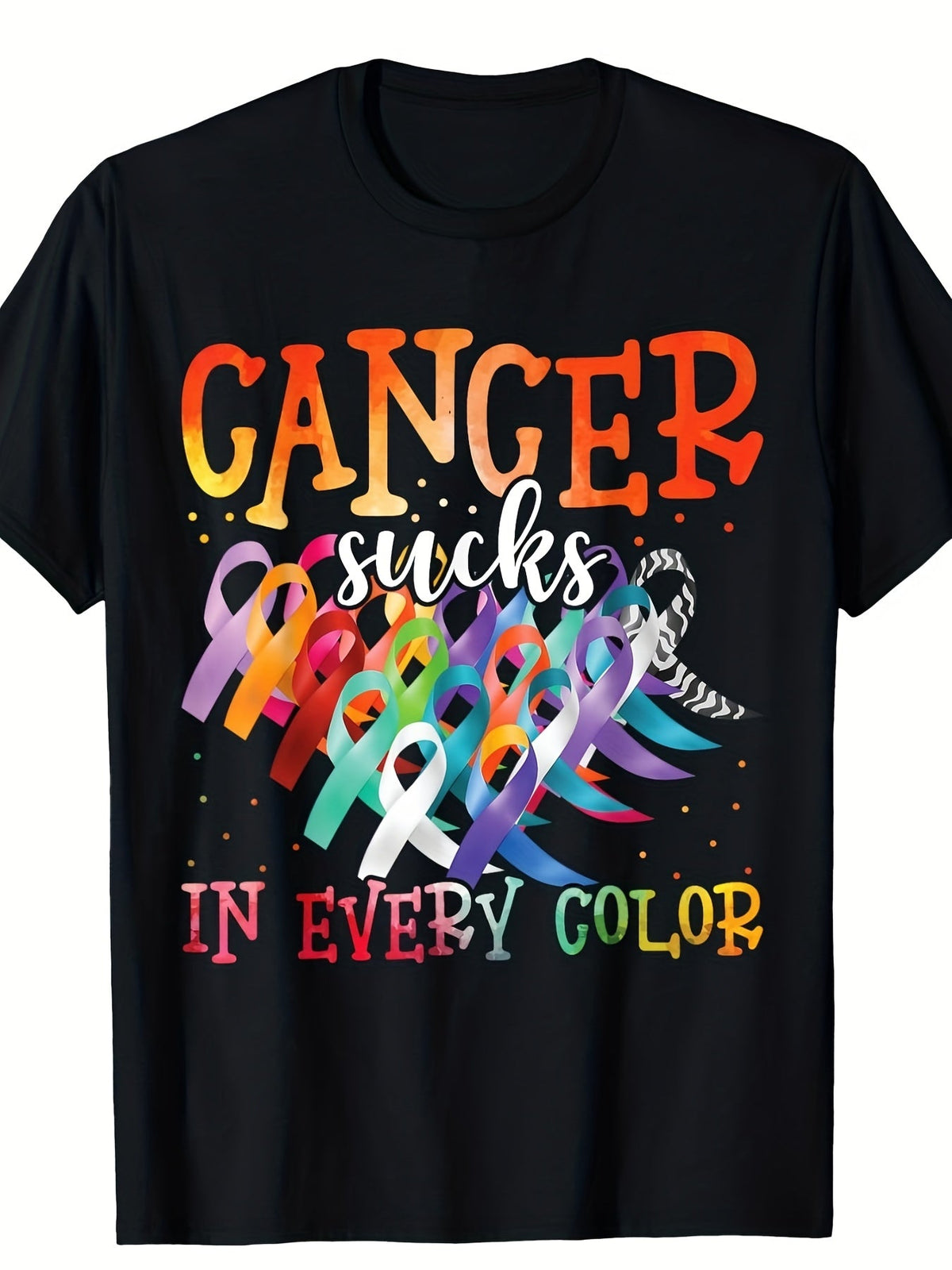 Cancer Sucks in Every Color Fighter TShirt Vintage Unisex Cancer Awareness Tee with Multicolor Ribbon Graphic