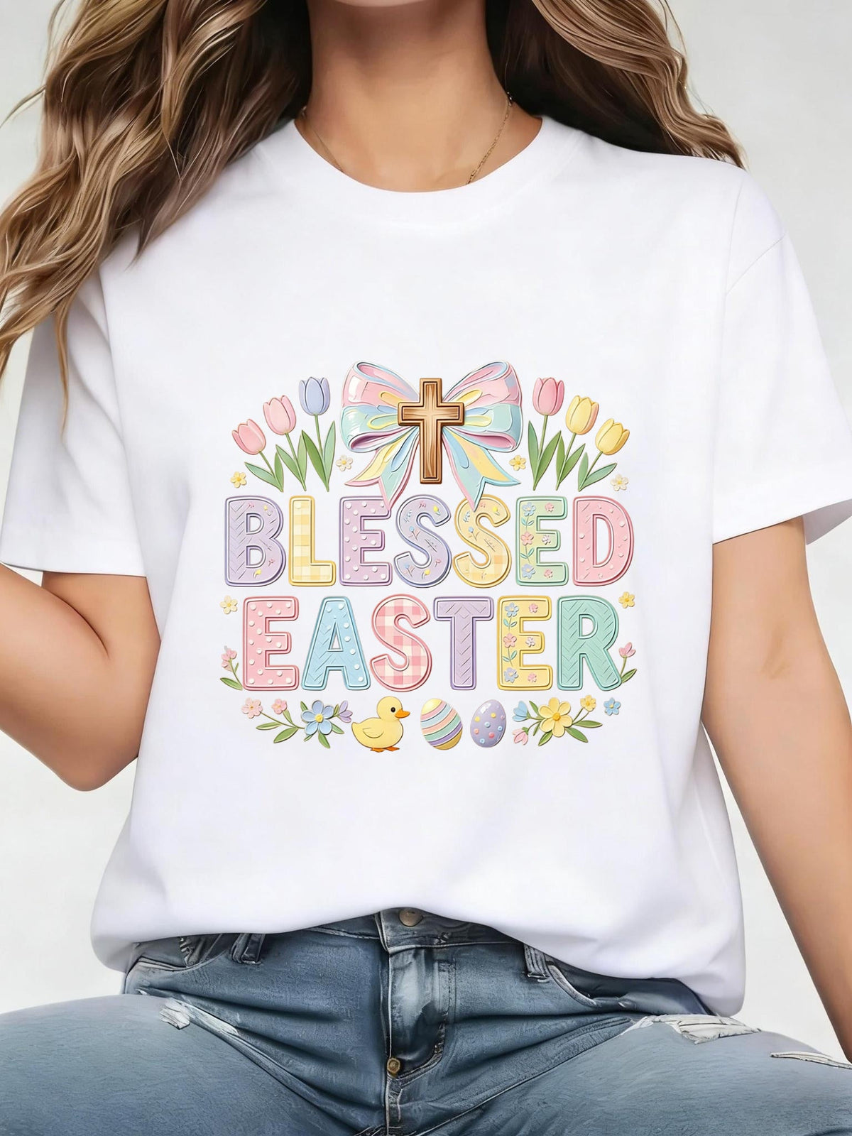 Religious Easter T‑Shirt for Women, Blessed Easter Colorful Lettering Floral Cross Easter Egg Casual Fashion Short Sleeve Top