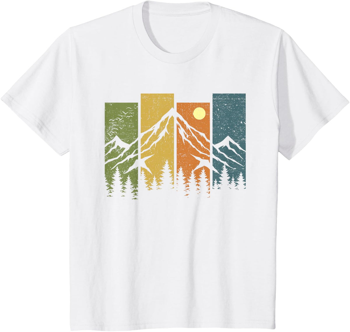Retro Wildlife Forest Nature T‑Shirt, Outdoor Mountain Hiking Tee with Trees, Sunset and Animal Silhouette Graphic，Men Tshirts