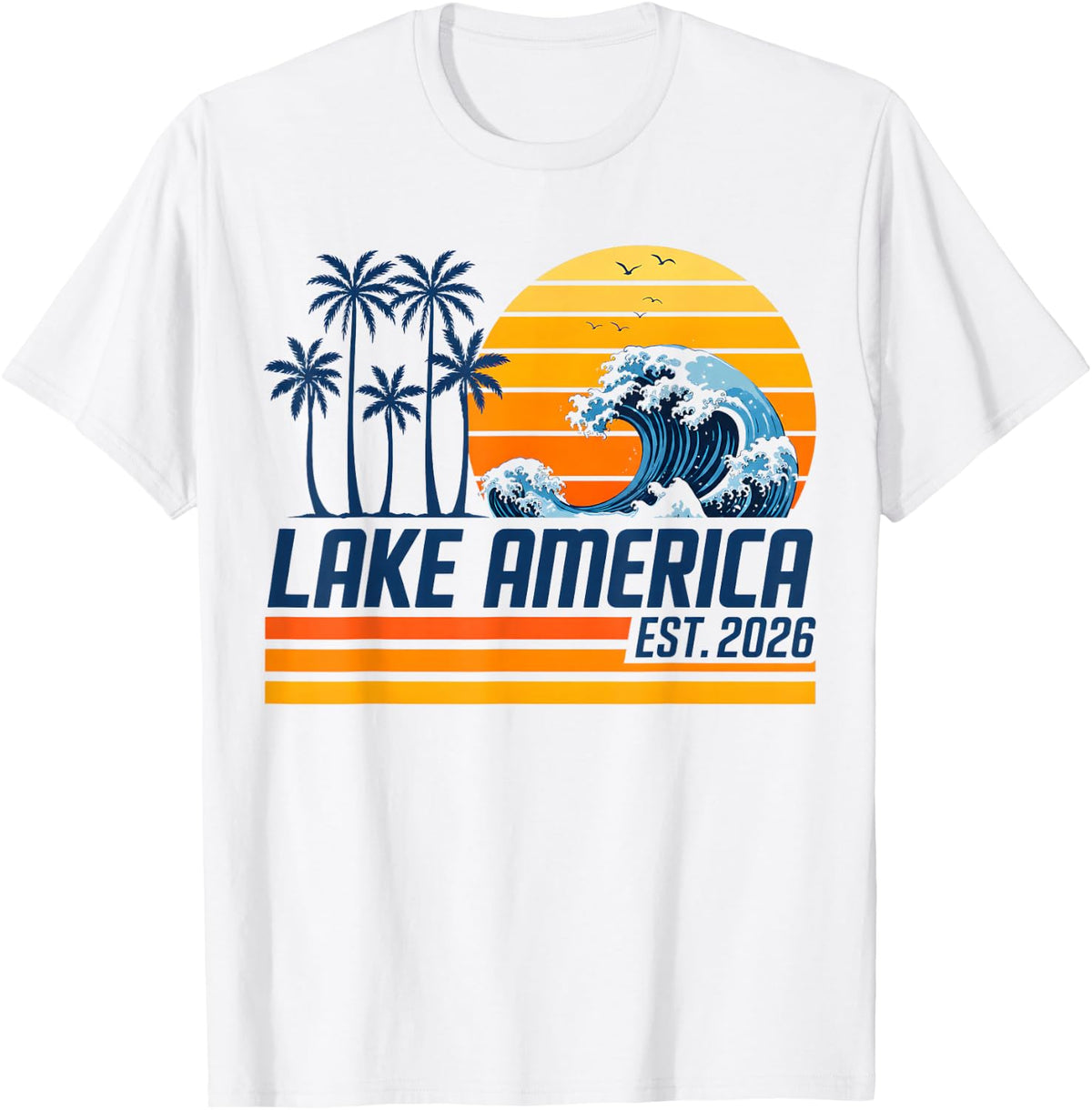 Lake America Graphic T‑Shirt, Retro Sunset Palm Tree Wave Print Short‑Sleeve Tee for Men and Women