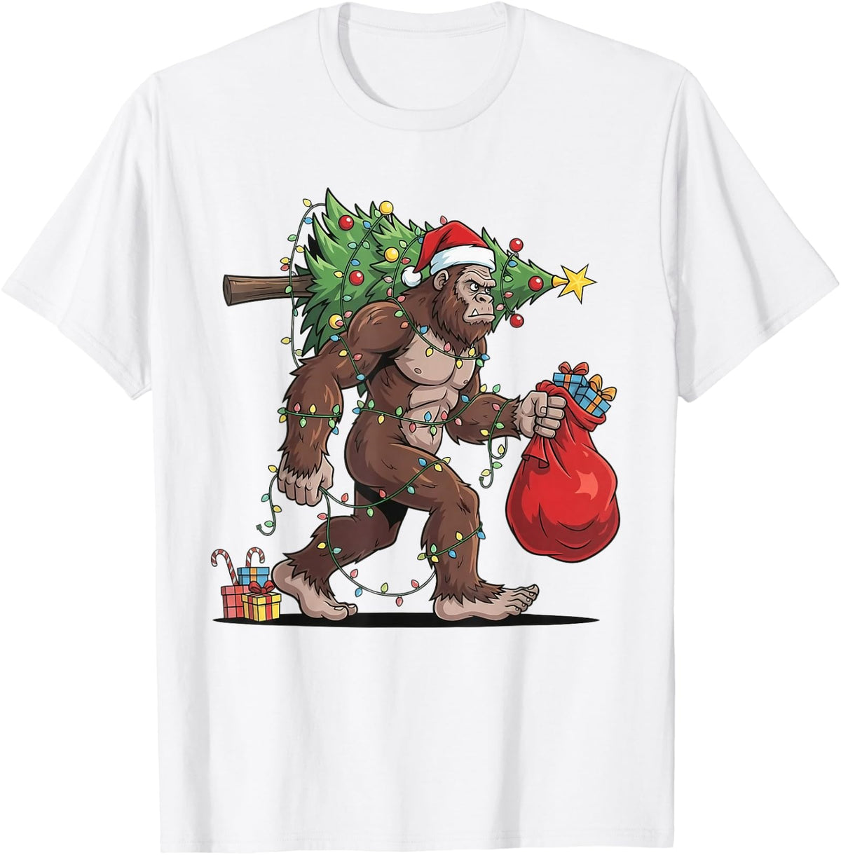 Santa Bigfoot Christmas Tree Lights Funny Design Unisex T-Shirt