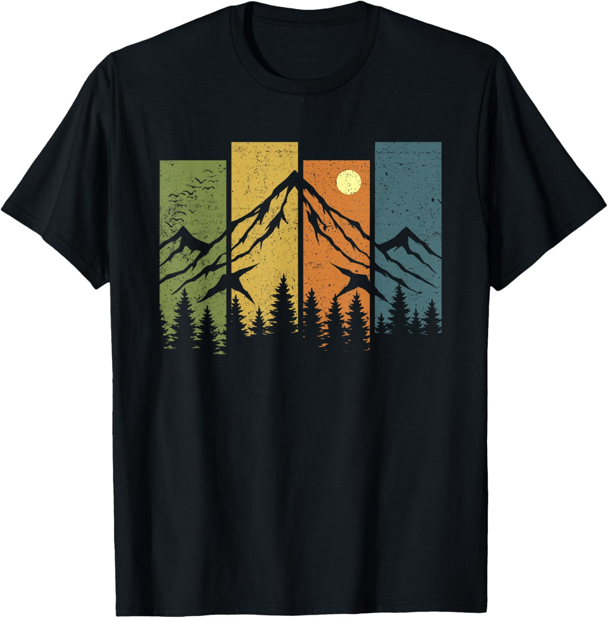 Retro Wildlife Forest Nature T‑Shirt, Outdoor Mountain Hiking Tee with Trees, Sunset and Animal Silhouette Graphic，Men Tshirts