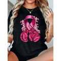 Breast Cancer Awareness Graphic T‑Shirt, Crew Neck Short Sleeve 100% Cotton Tee, Pink Ribbon Floral Boxing Glove Print, Casual Top for Women