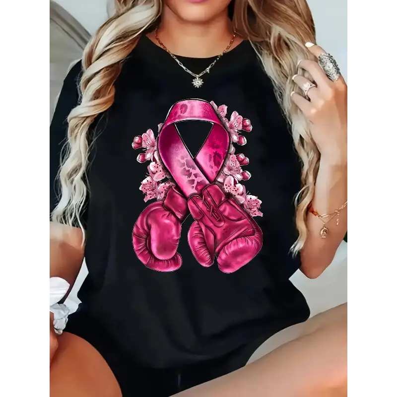 Breast Cancer Awareness Graphic T‑Shirt, Crew Neck Short Sleeve 100% Cotton Tee, Pink Ribbon Floral Boxing Glove Print, Casual Top for Women