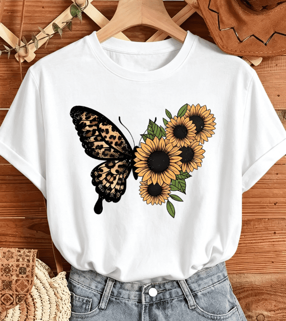 Butterfly Printed Casual Women's T-shirt Tops, Versatile Round-neck Short-sleeved Women's Wear, Women Clothing