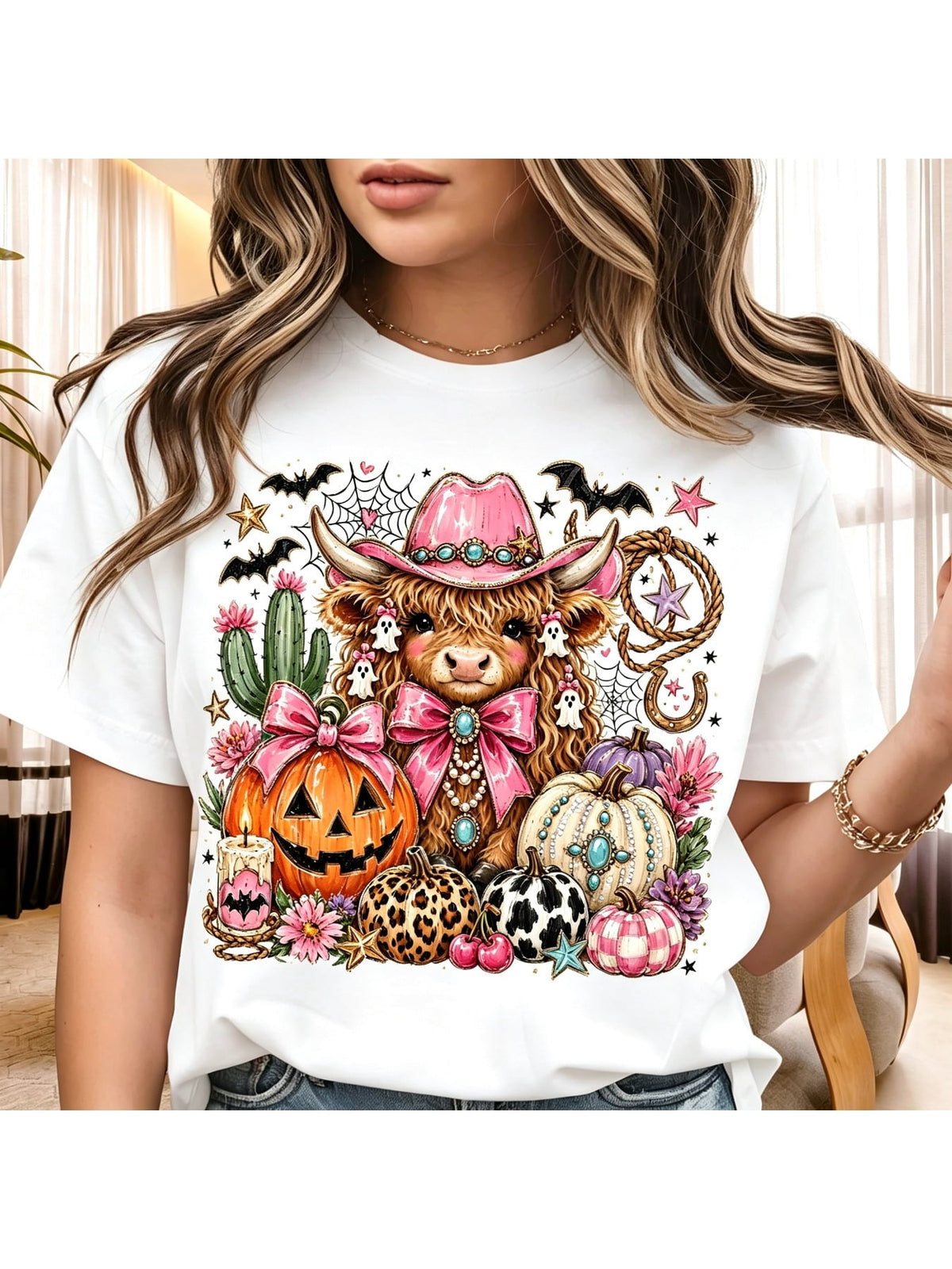 Cowgirl Shirt Design, Women's T-Shirt Western Halloween Highland Cow Pink Pumpkin
