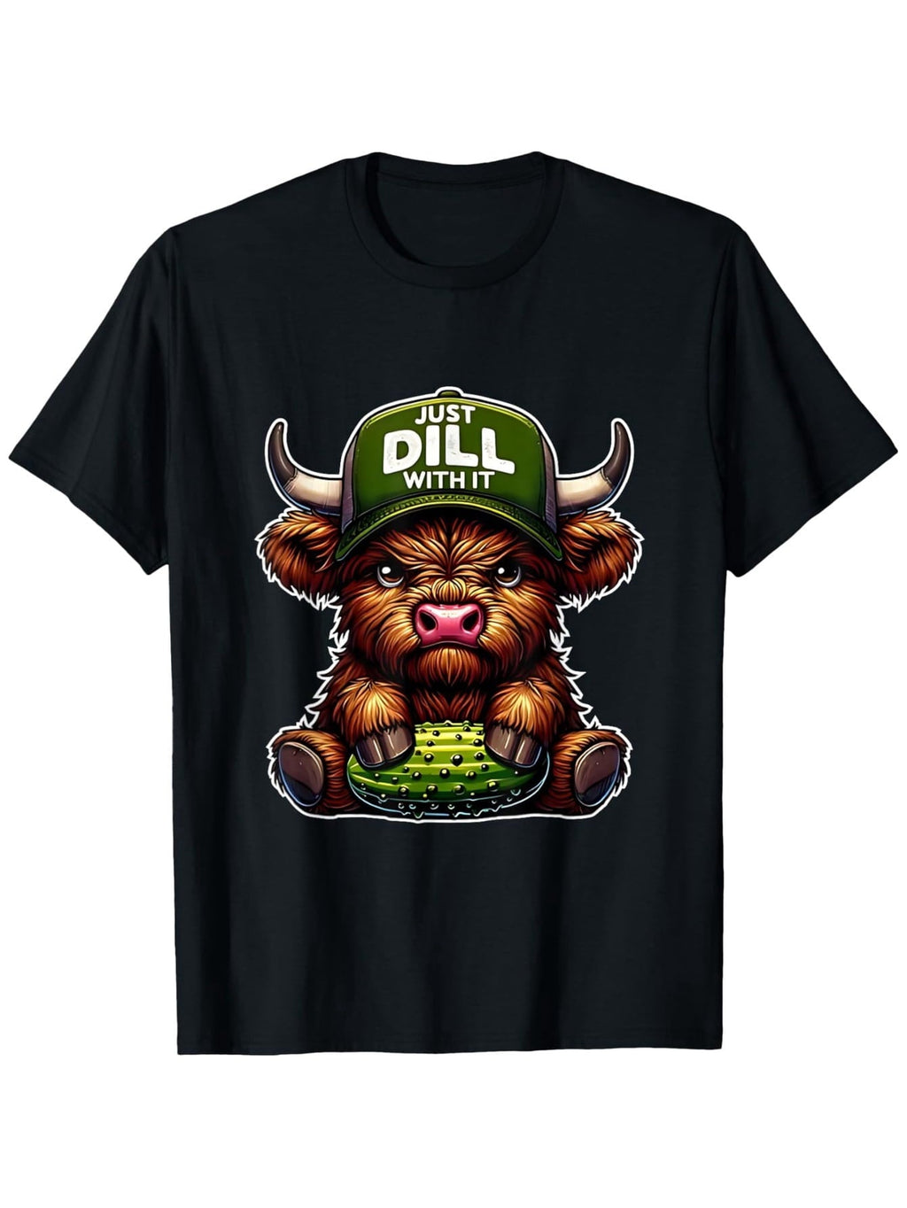 Daily Comfort Apparel Funny 'Just Dill with It' Highland Cow & Pickle Hat Graphic T-Shirt