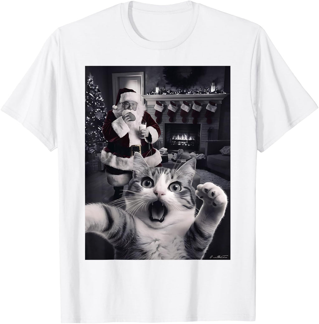 Funny Cat Selfie With Santa Christmas Design Funny Unisex T-Shirt