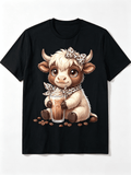 Funny Highland Cow Lover T-Shirt Cute Cow With Coffee And Leopard Print Bow Short Sleeve Black Graphic Top