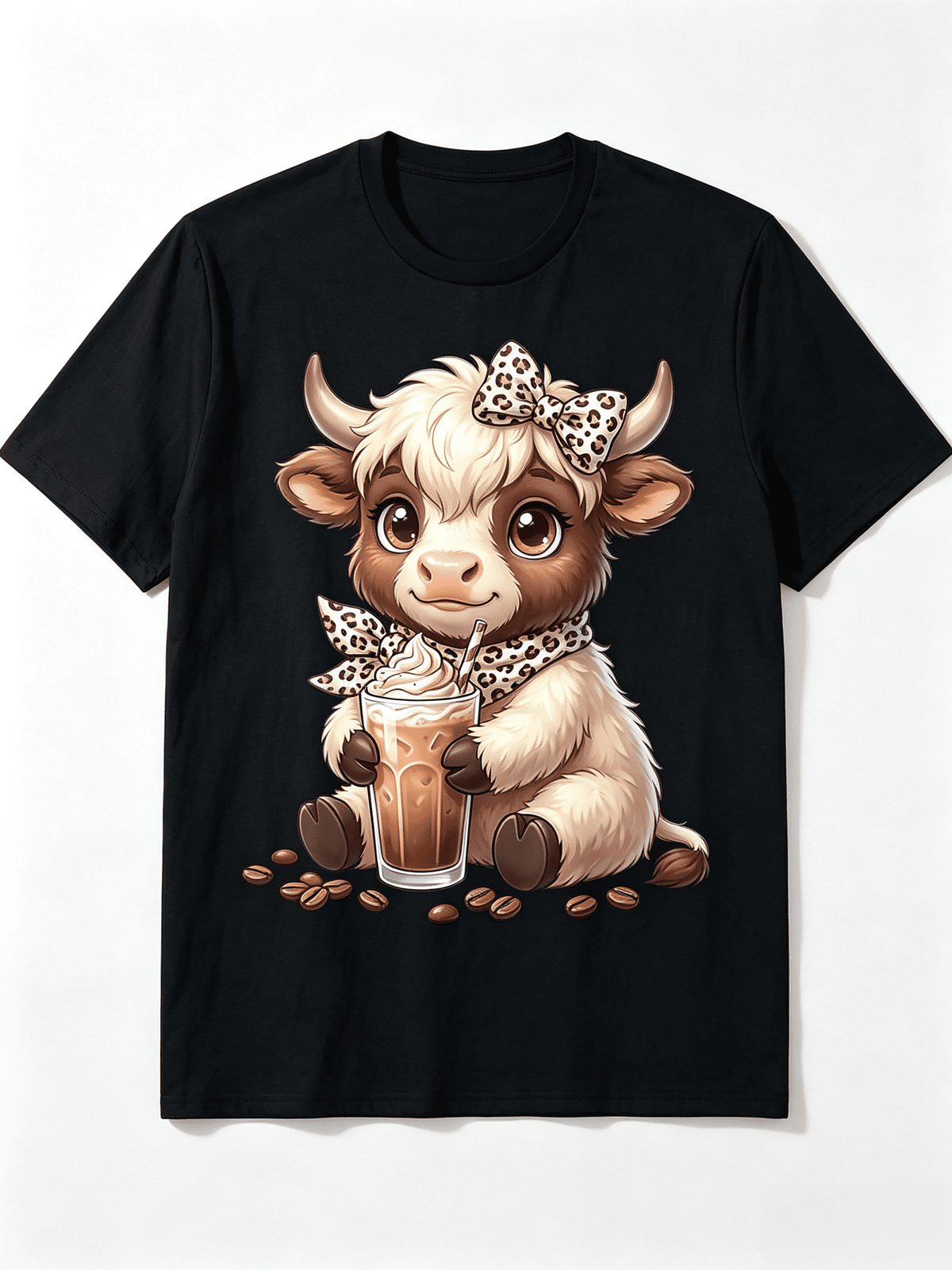 Funny Highland Cow Lover T-Shirt Cute Cow With Coffee And Leopard Print Bow Short Sleeve Black Graphic Top