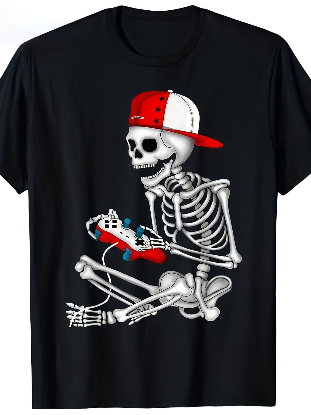 Gamer Graphic Tee, Skeleton With Game Controller Print Casual Short Sleeve T‑Shirt for Men Women