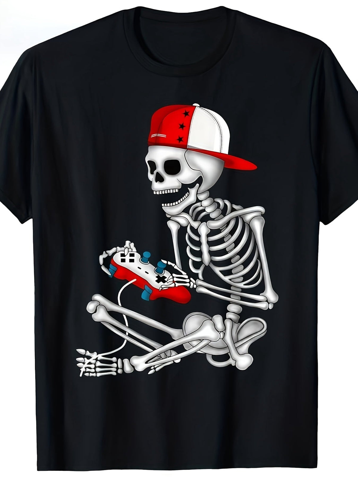 Gamer Graphic Tee, Skeleton With Game Controller Print Casual Short Sleeve T‑Shirt for Men Women