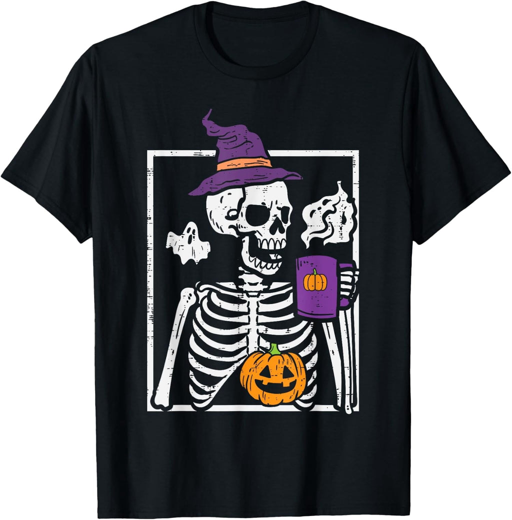 Halloween Skeleton Pumpkin Coffee Funny Costume Unisex T-Shirt