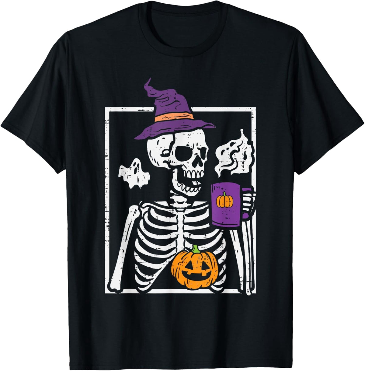 Halloween Skeleton Pumpkin Coffee Funny Costume Unisex T-Shirt