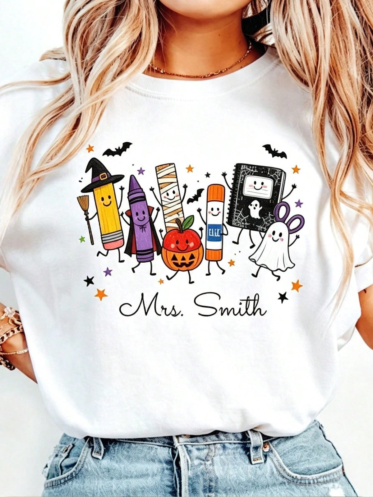 Custom Halloween Teacher Shirt, Funny Teacher Life Tee, Spooky School Supplies, Back To School Gift Cute Ghost Preschool Tee, Funny T-Shirt