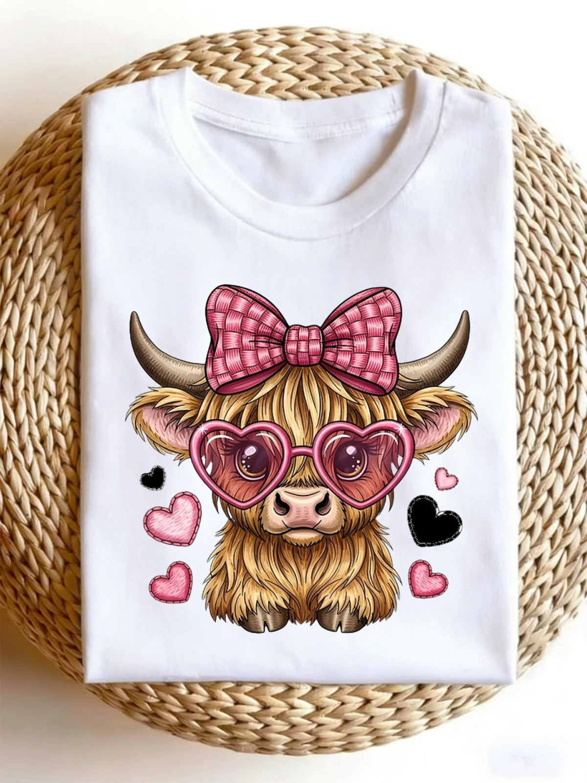 Highland Cow Pink Plaid Bowknot Heart Sunglasses Cute Sweet New Year Print Men'S T-Shirt