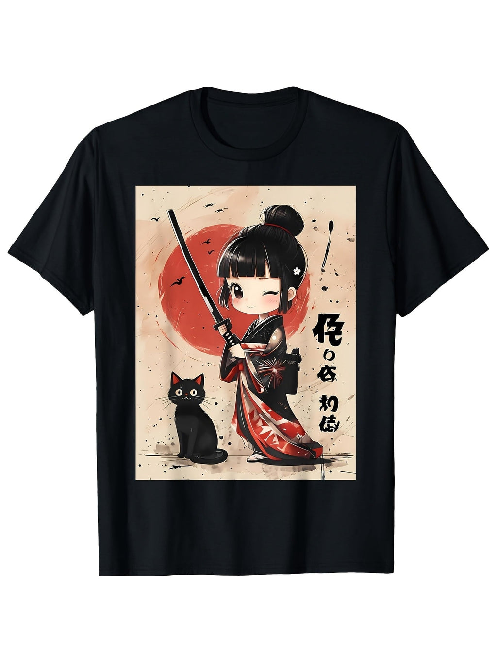 Men's Anime Samurai Girl & Katana Cat Graphic T Shirt Japanese Manga Tee