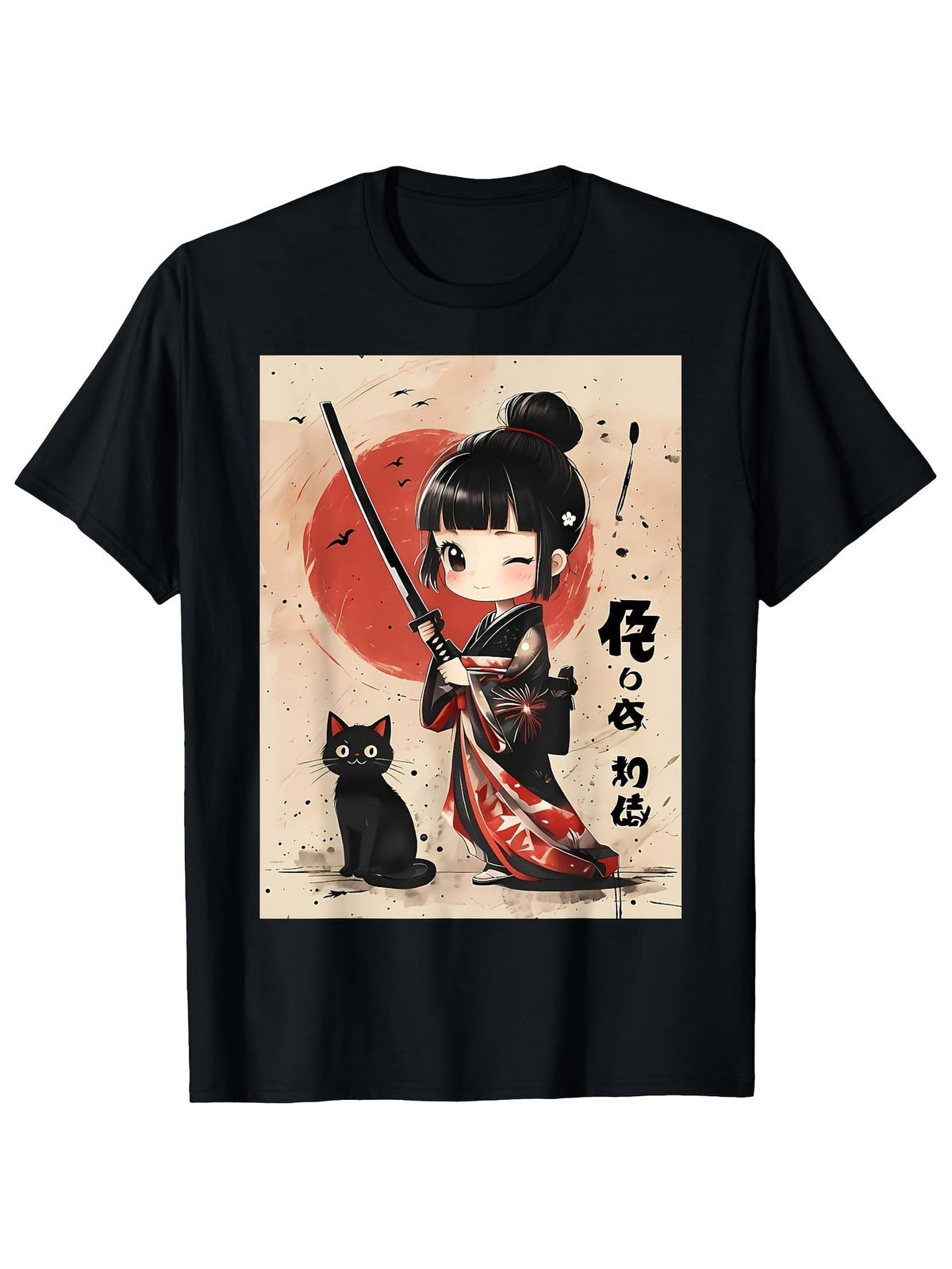 Men's Anime Samurai Girl & Katana Cat Graphic T Shirt Japanese Manga Tee