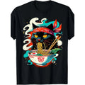 Men's Cute Black Cat Ramen Graphic Crew‑Neck T‑Shirt, Japanese Noodle Bowl Whimsical Art Print Short‑Sleeve Tee Men Tshirts