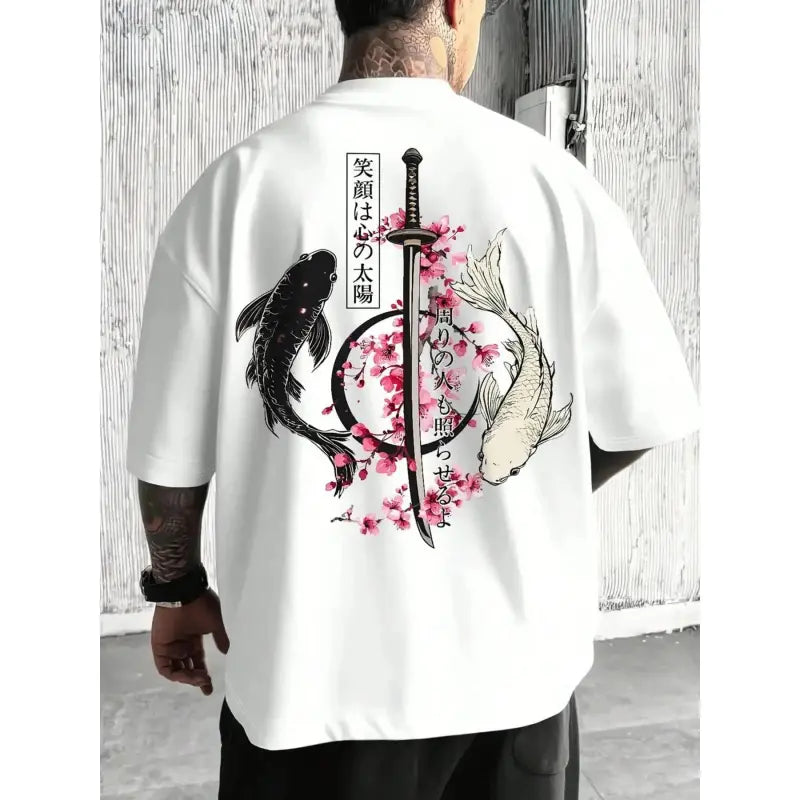 Men's Japanese Cherry Blossom Print Samurai Sword Loose-Fit T-Shirt Casual Summer Daily/Men Outdoor Top,japanese samurai sword tee, Men Clothing