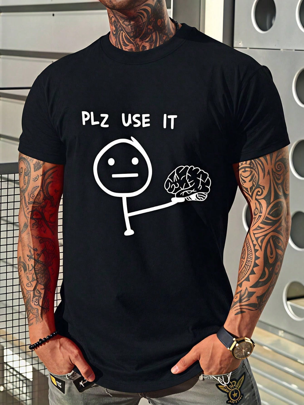 Men's Summer Outfits, Plz Use It Brain Stick Figure Graphic Tees, Funny Vintage T-Shirt, Loose And Breathable