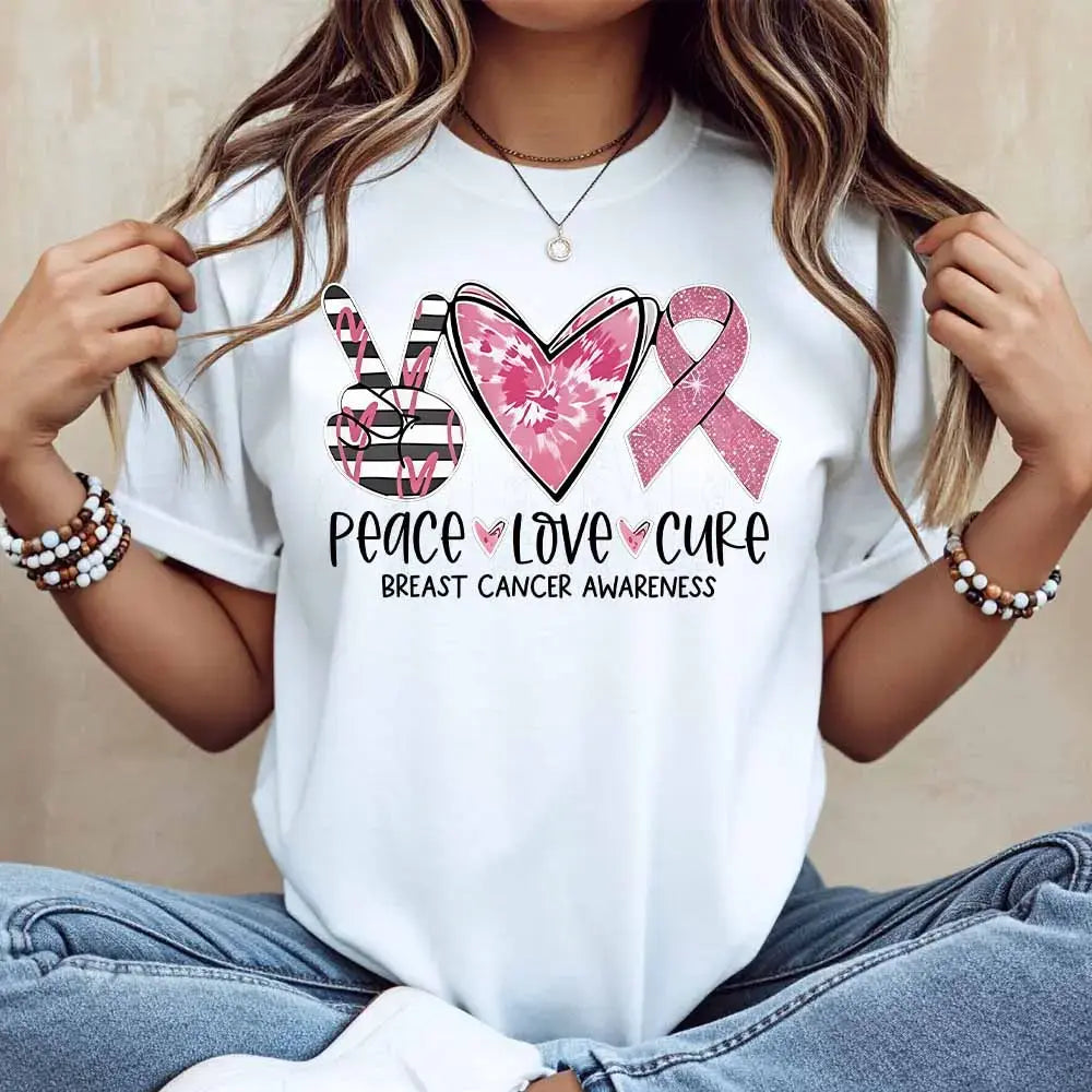 Peace Love Cure Breast Cancer Awareness Graphic T‑Shirt, Women Crew Neck Short Sleeve Tee，Summer Casual Women T shirts
