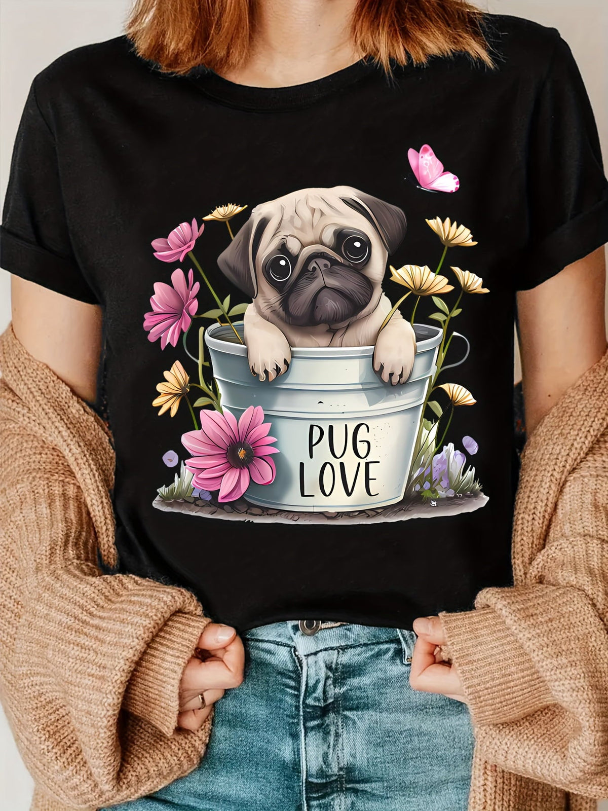 Playful Pug and Flower Print T-Shirt – A Tee for Pug Lovers
