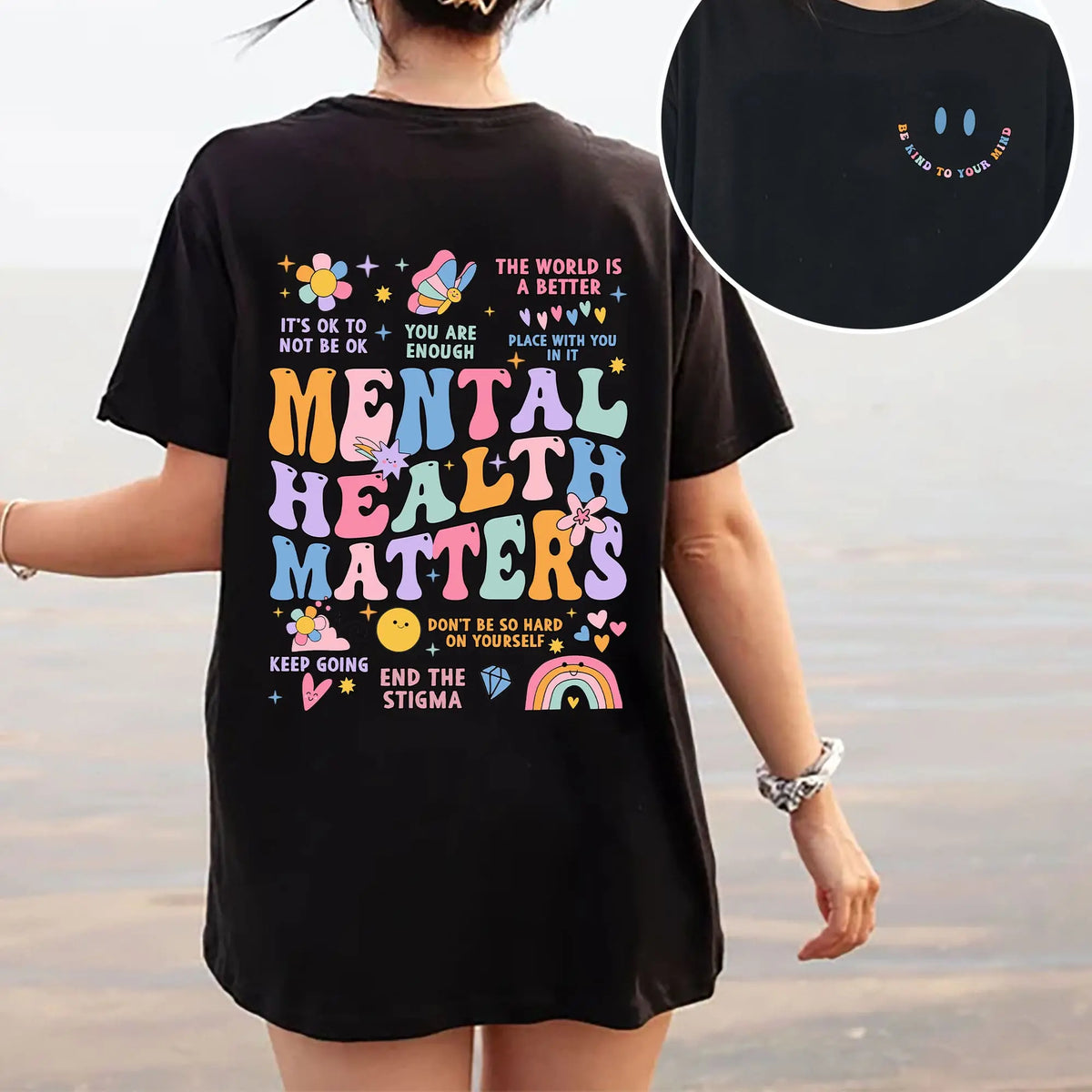 Women Graphic T‑Shirt, Inspirational Be Kind To Your Mind Floral Rainbow Print Cotton Short‑Sleeve Crew‑Neck Casual Tee