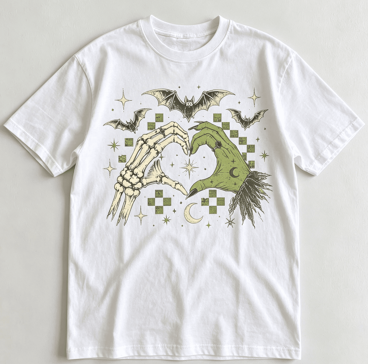 Women Vintage Gothic Halloween Graphic T‑Shirt, Skeleton Witch Hand Heart Bat Moon Print Short‑Sleeve Crew‑Neck Fall Season Tee Women Tshirts Women Clothing