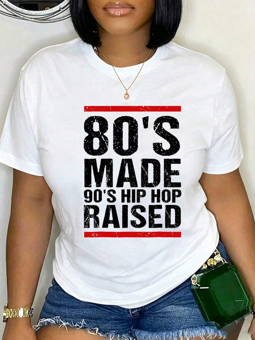 Women's 80's Made 90's Hip Hop Raised T-Shirt Retro Distressed Vintage Music Lover Graphic Short Sleeve Crew Neck Tee