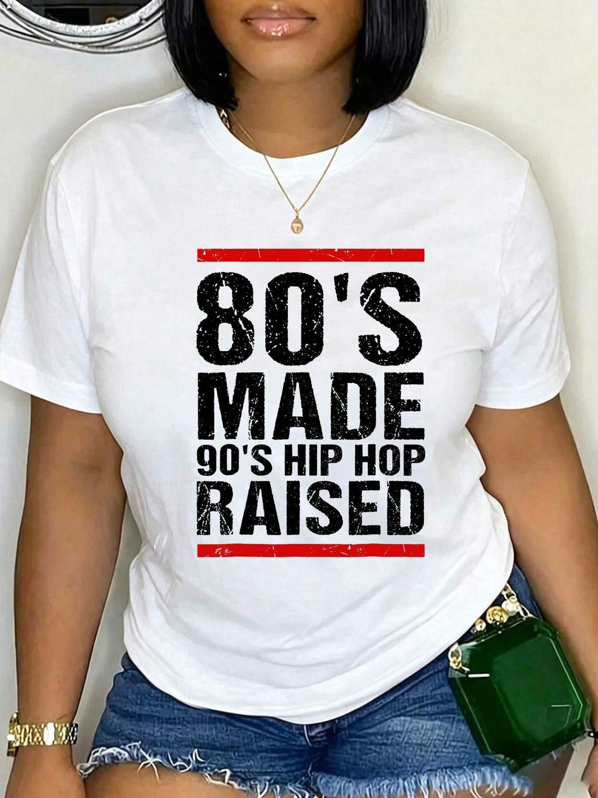 Women's 80's Made 90's Hip Hop Raised T-Shirt Retro Distressed Vintage Music Lover Graphic Short Sleeve Crew Neck Tee